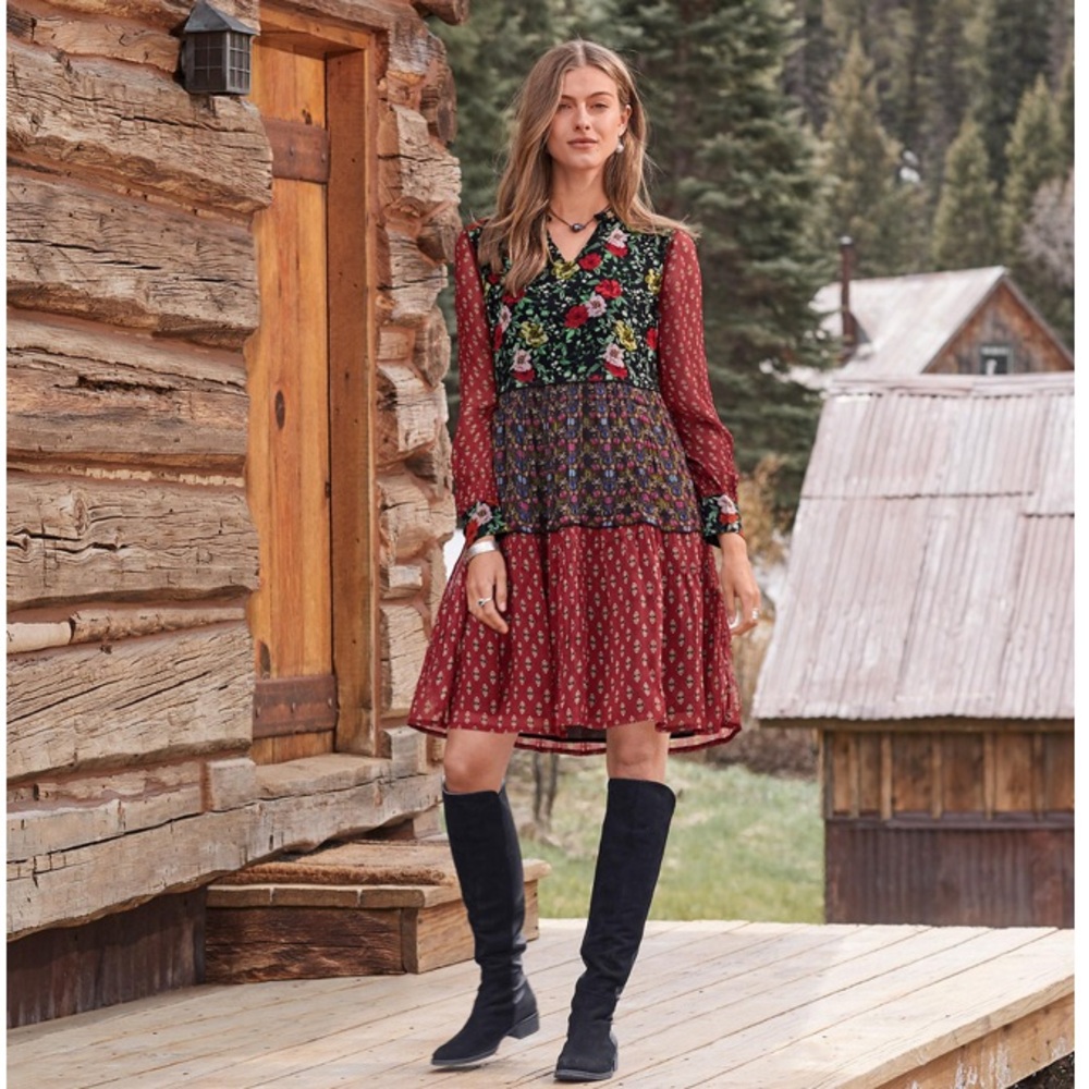 Sundance Red and Black Floral Long Sleeve Dress